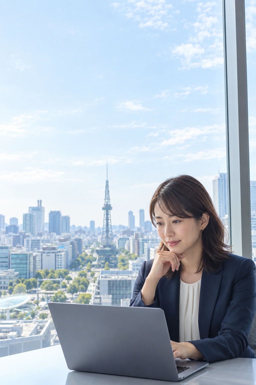 名古屋の街を背景に、ノートパソコンで業務を考える女性