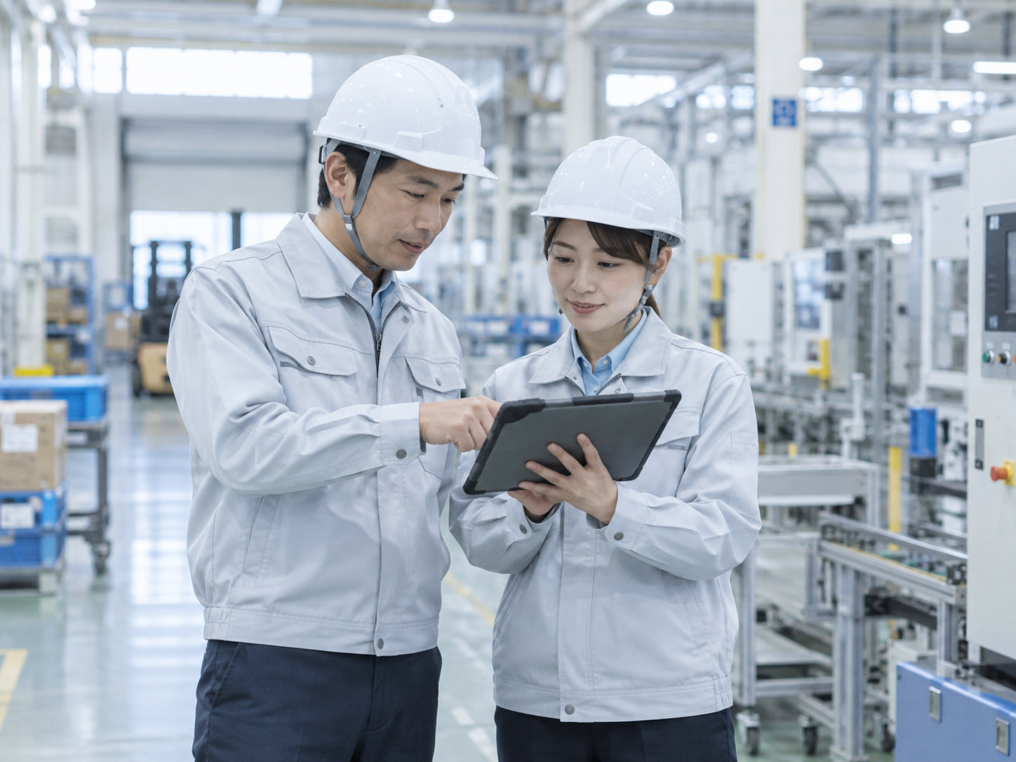 タブレットを使って現場の作業を確認するスタッフ