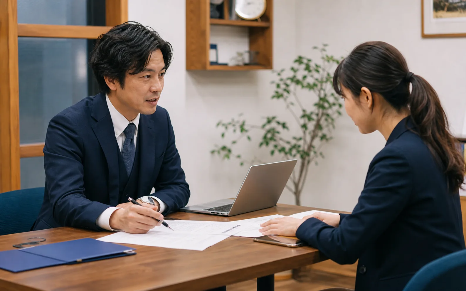 小規模オフィスで担当者が法人携帯や業務改善について相談を受ける様子