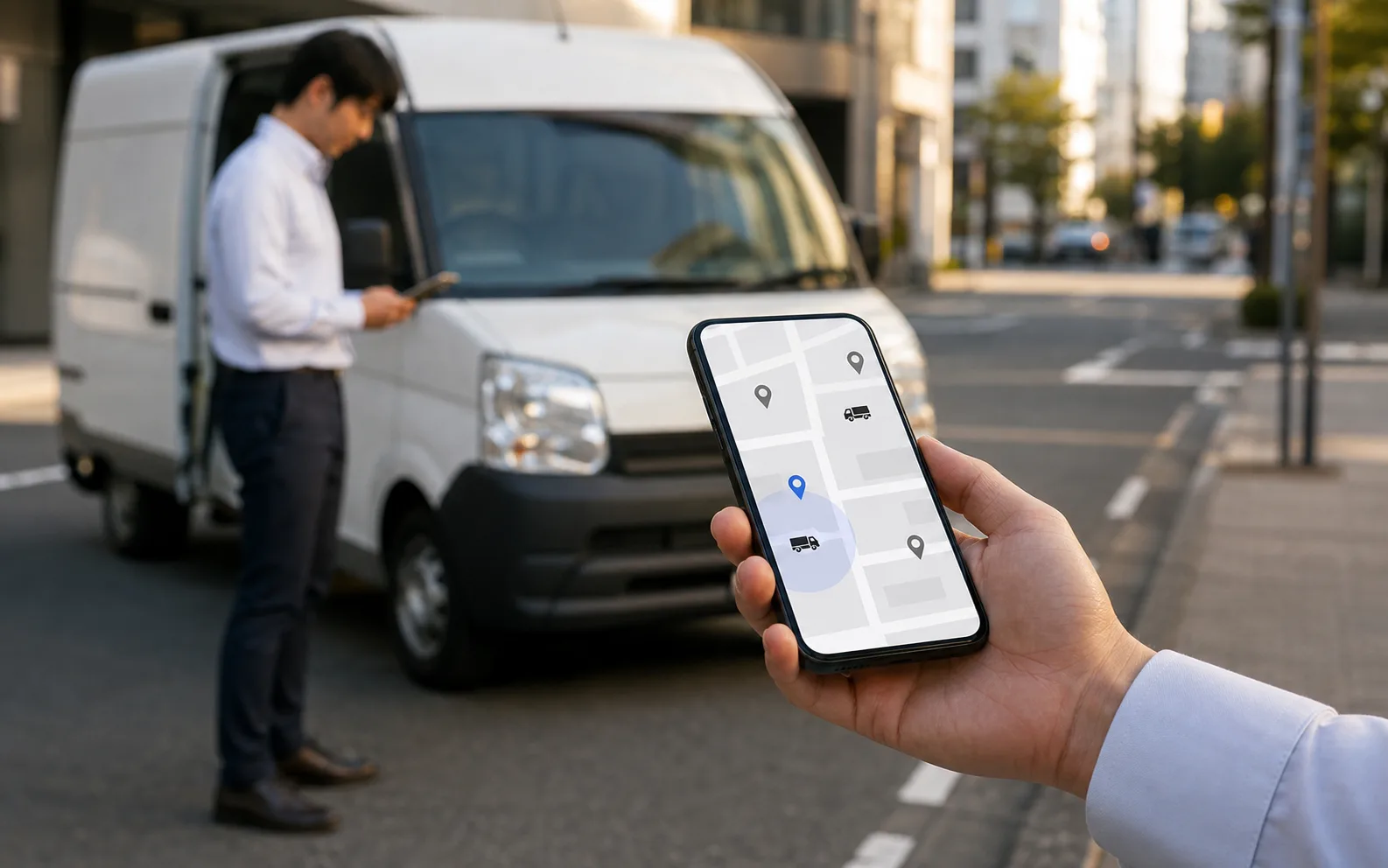 現場スタッフの位置情報をスマートフォンの地図画面で確認する様子