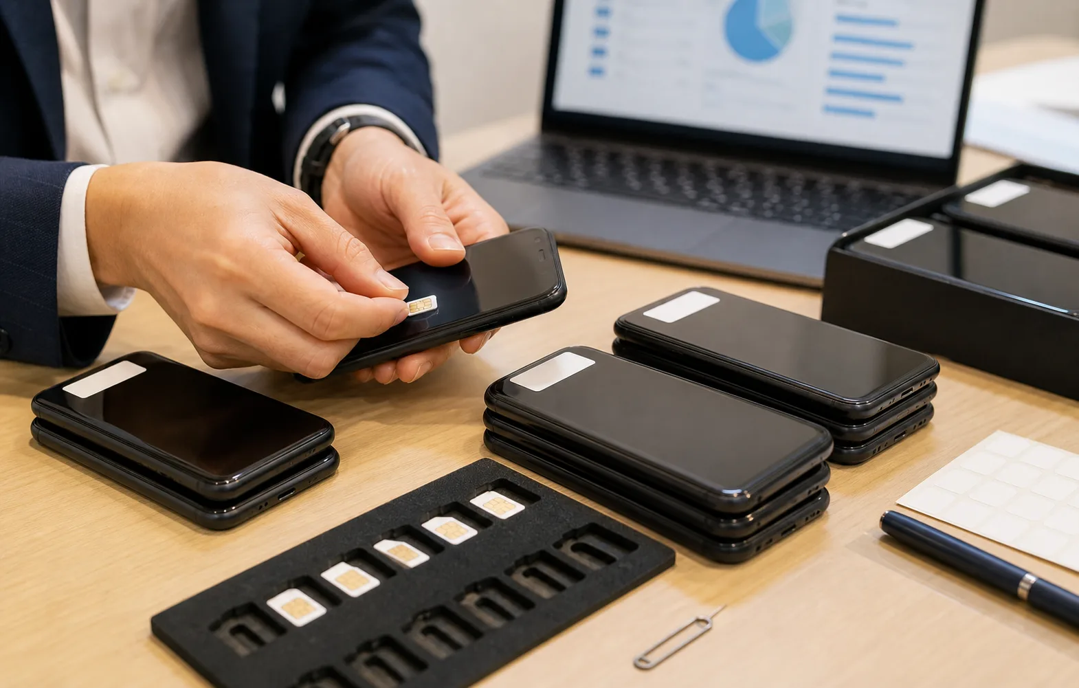 法人スマートフォンの導入準備として複数端末とSIMカードを整理する様子