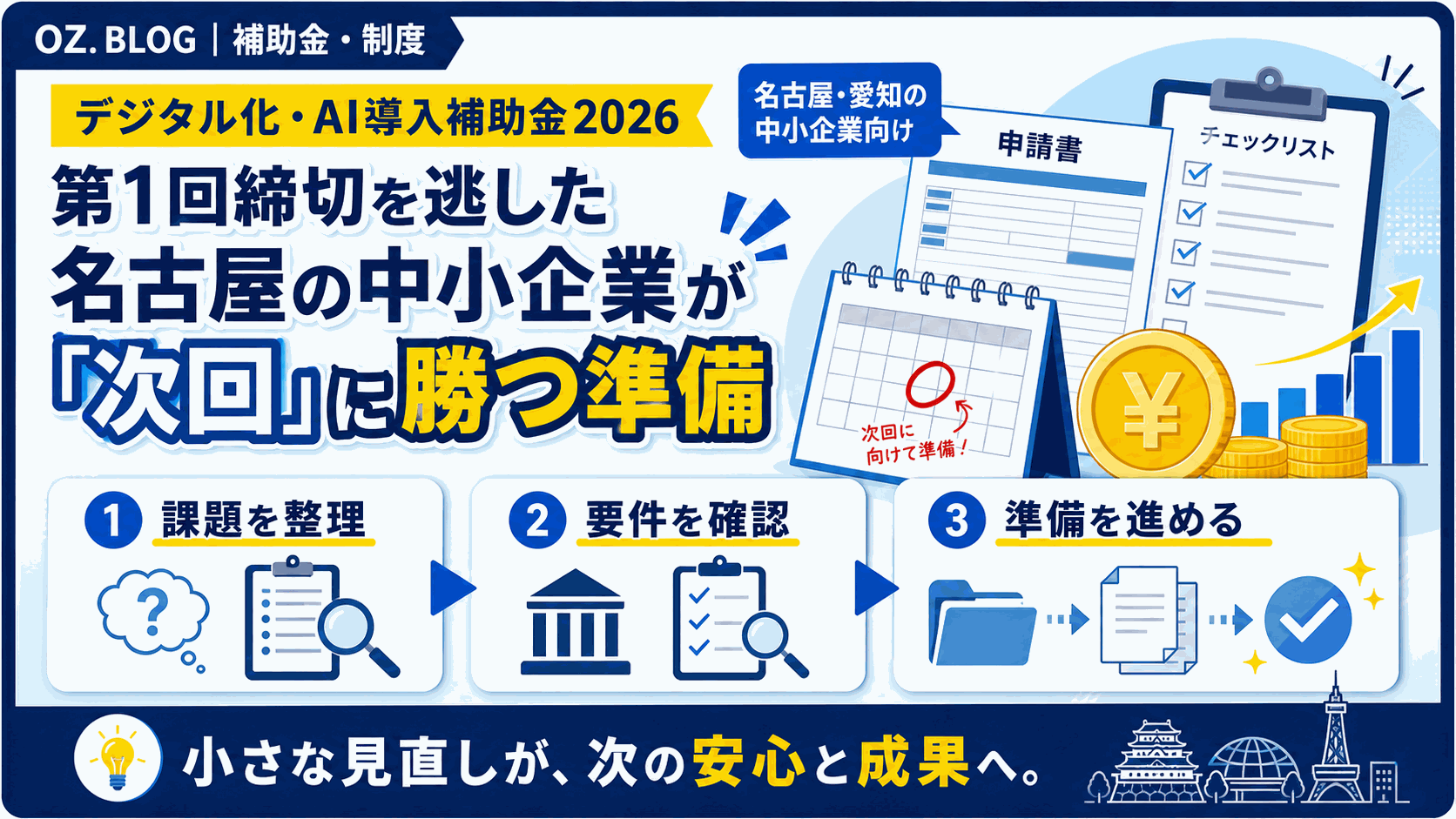 デジタル化・AI導入補助金2026 第1回締切を逃した名古屋の中小企業が「次回」に勝つ準備の図解