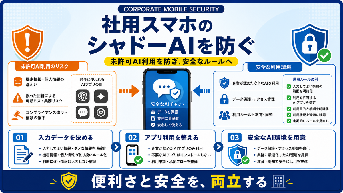 社用スマホでのシャドーAI防止と安全活用のイメージ図解