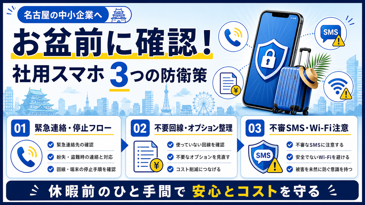 お盆休み前の社用スマホチェックフロー。緊急連絡、不要回線整理、不審SMSとWi-Fiへの注意の3項目を示す図解