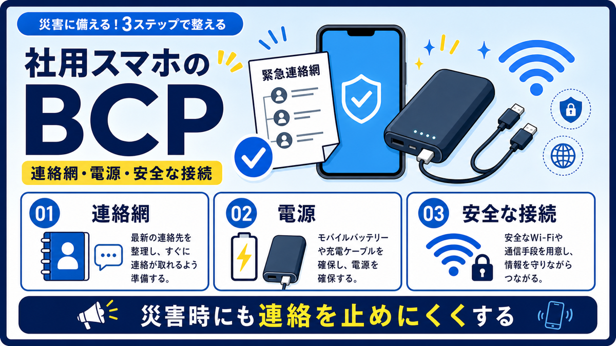 社用スマホの災害時BCPを連絡網・電源・安全なWi-Fi利用の3ステップで整える図解