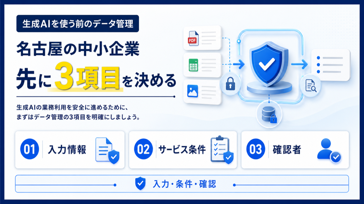 生成AIの業務利用前に確認する名古屋の中小企業向けデータ管理3項目の図解