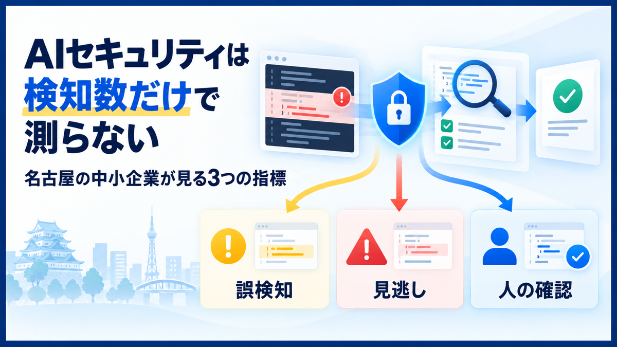 AIセキュリティを誤検知・見逃し・人の確認の3指標で評価する名古屋の中小企業向け図解