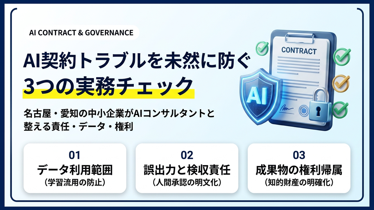 AI活用を止めないためのデータ利用範囲・誤出力と承認・成果物の権利帰属の3つの実務基準