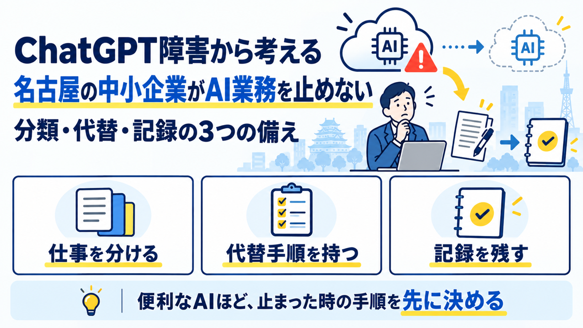 ChatGPT障害をきっかけに名古屋の中小企業がAI業務を止めないための仕事の分け方・代替手順・記録の3つの備え