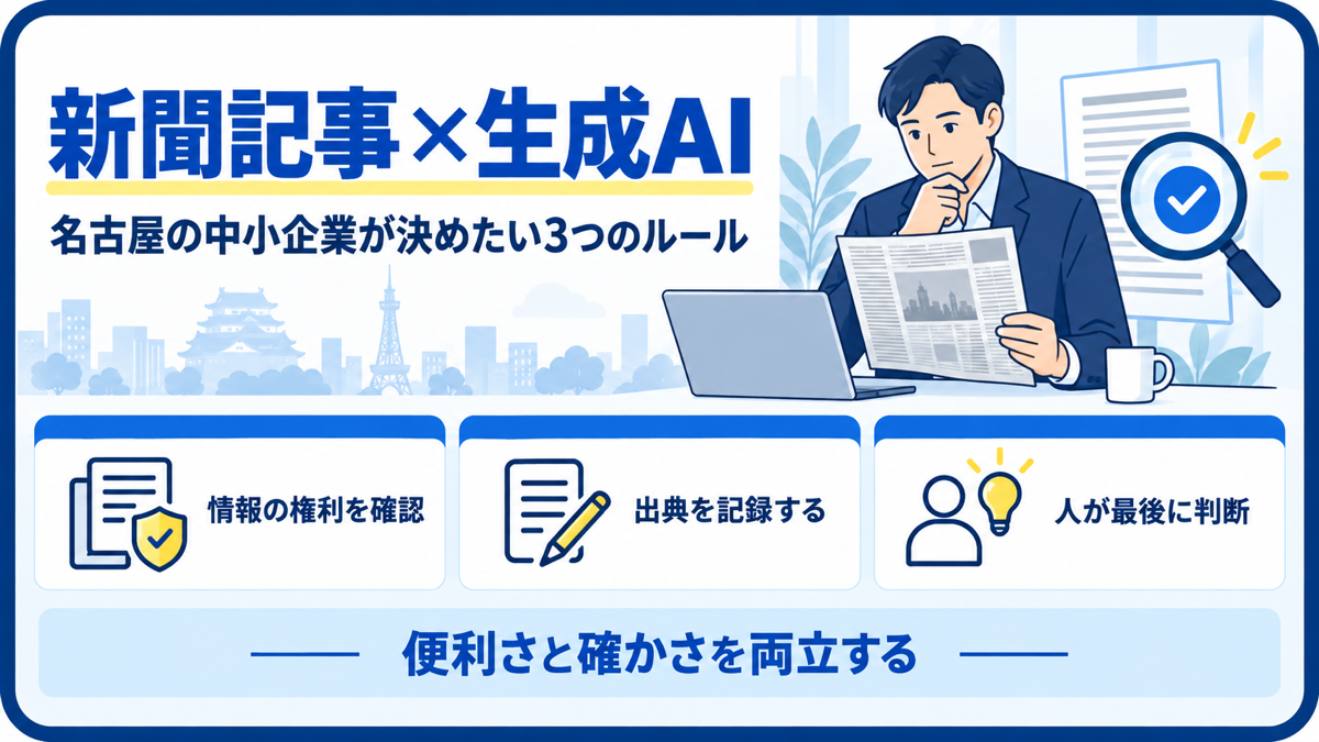 新聞記事を生成AIで活用する際に、情報の権利、出典の記録、人による最終判断を示す図