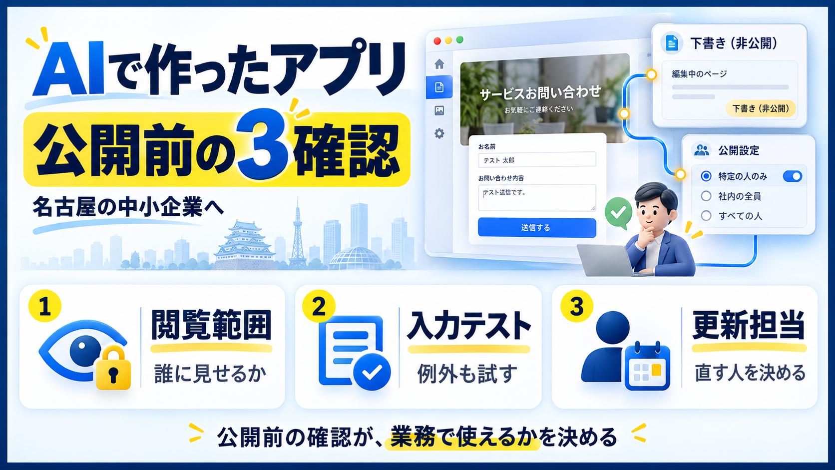 Geminiで作ったアプリの非公開下書きを、閲覧範囲・入力テスト・更新担当の3点から確認する流れ
