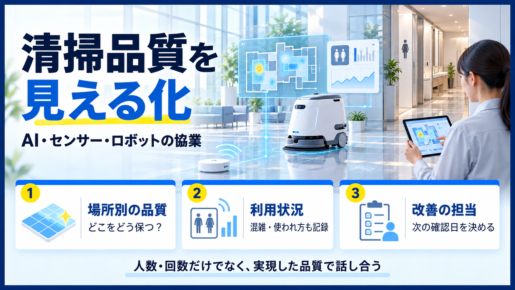 清掃品質を評価するため、場所別の基準、利用状況、改善担当の3点とAI・センサー・ロボットの仕組みを示す図解